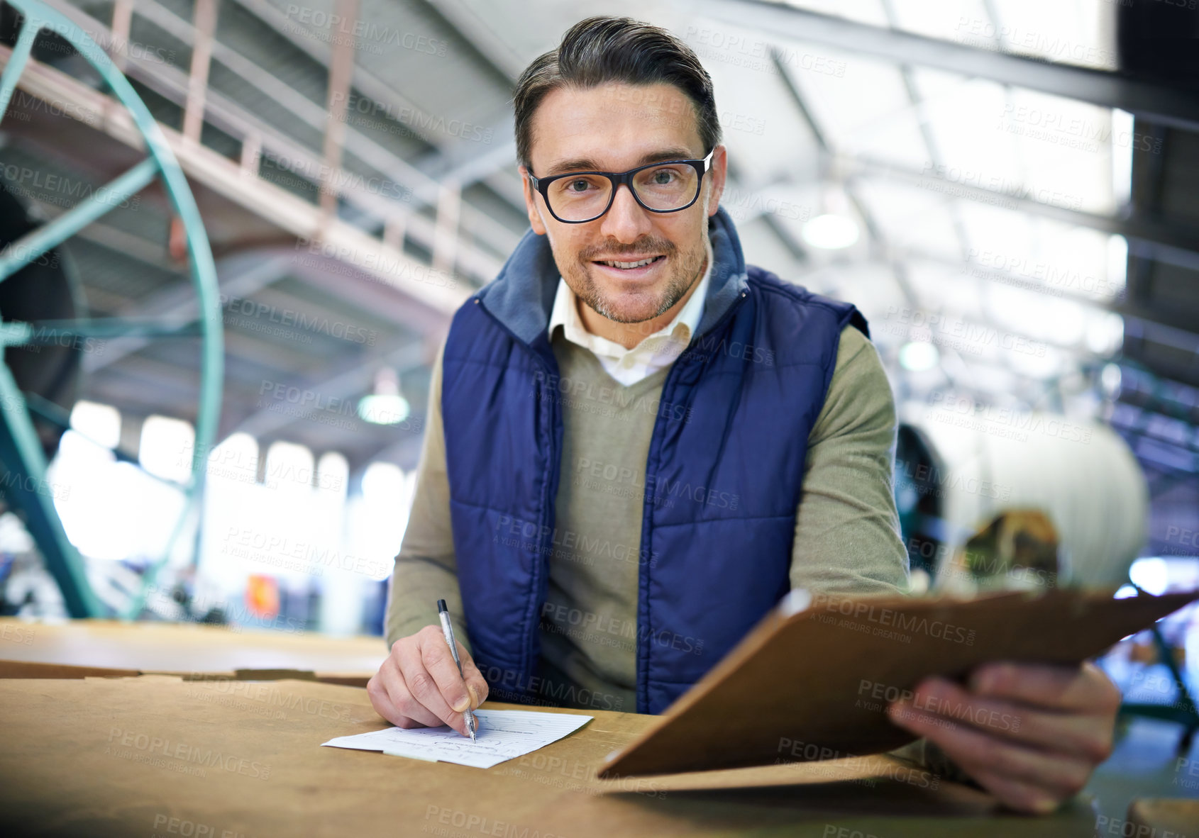 Buy stock photo Man, portrait and clipboard in warehouse for logistics inspection for checklist, delivery or supply chain. Male person, face and factory worker for e commerce company, manufacture or distribution