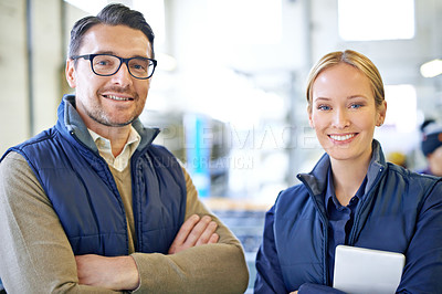 Buy stock photo Factory, colleagues and smile with tablet, portrait and happy for delivery in warehouse. Teamwork, woman and man in collaboration for shipping or manufacturing of goods in workplace of freight