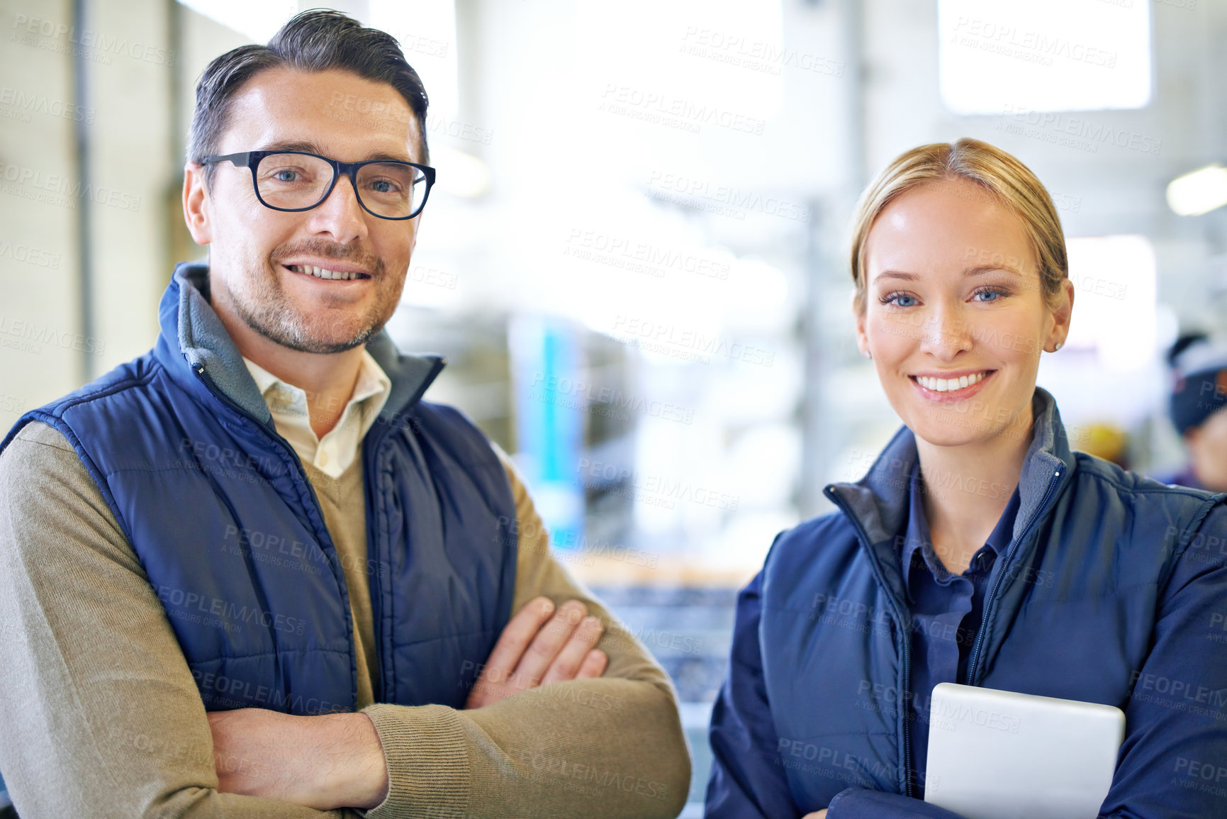 Buy stock photo Factory, colleagues and smile with tablet, portrait and happy for delivery in warehouse. Teamwork, woman and man in collaboration for shipping or manufacturing of goods in workplace of freight