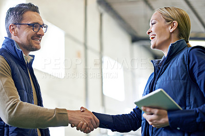 Buy stock photo Greeting, deal and business people with handshake for partnership, distribution or agreement. Professional, tablet and shaking hands for export support, b2b networking or welcome in shipping facility