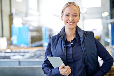 Buy stock photo Tablet, smile and portrait of woman in factory for manufacturing, networking and inventory. Distribution, industrial and technology with female employee in warehouse for inspection, export or storage