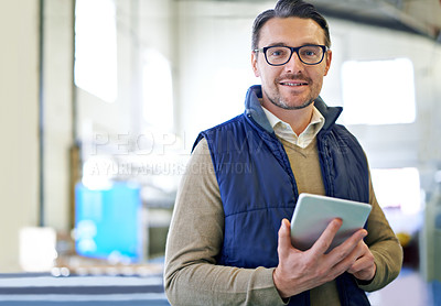 Buy stock photo Tablet, delivery and portrait of man in factory for manufacturing, networking and inventory. Distribution, industrial and technology with male employee in warehouse for inspection, export and storage