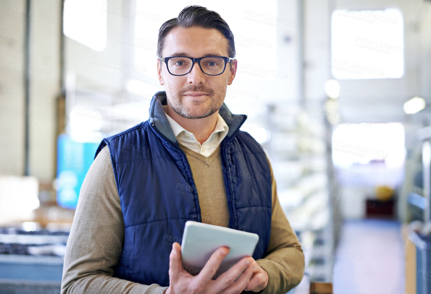 Buy stock photo Tablet, serious and portrait of man in factory for manufacturing, networking and inventory. Distribution, industrial and technology with male employee in warehouse for inspection, export and storage