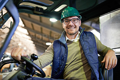 Buy stock photo Man, portrait and forklift in warehouse driving for supply chain factory or logistics, import or delivery. Male person, face and hardhat for supplier manufacturing or courier, storage or distribution