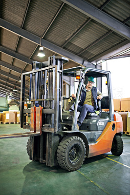 Buy stock photo Driver, warehouse and man with forklift working on site, loading on dock with Industrial moving vehicle. Transporting, shipping inventory with safety hardhat for delivery, labor worker for company
