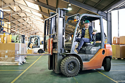 Buy stock photo Driver, warehouse and man with forklift on site working, loading on dock with Industrial moving vehicle. Transporting, shipping inventory with safety hardhat for delivery, labor worker for company
