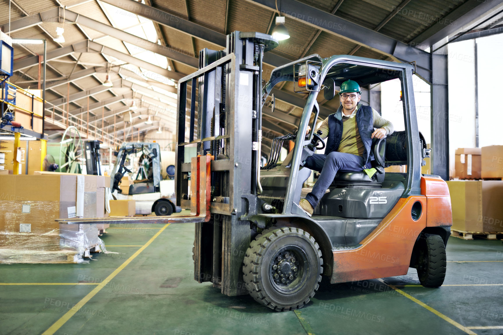 Buy stock photo Driver, warehouse and man with forklift on site working, loading on dock with Industrial moving vehicle. Transporting, shipping inventory with safety hardhat for delivery, labor worker for company