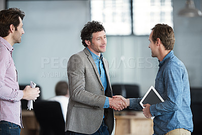 Buy stock photo Business people, handshake and partnership, deal and welcome to office. Shaking hands, success and startup group in collaboration for b2b, promotion or hiring, work recruitment and congratulations
