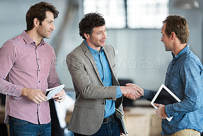 Buy stock photo Business people, tech startup or handshake for deal, partnership or collaboration or congratulations. Shaking hands, meeting or happy employees in agreement for b2b success, welcome or thank you 