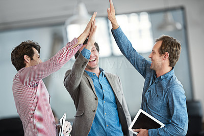 Buy stock photo Success, winners or excited business people high five after a winning a deal or group partnership achievement. Teamwork,  startup or happy employees in celebration together with support or solidarity