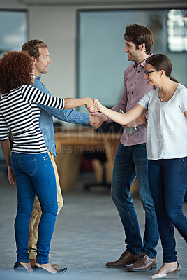 Buy stock photo Handshake, success or business people in startup for collaboration, support or deal agreement. Group of men, happy women or team of creative employees shaking hands in a partnership or negotiation 