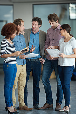 Buy stock photo Teamwork, discussion or business people with ideas in meeting for brainstorming as a group in office. Diversity, collaboration or employees networking or planning with notes or documents in workplace