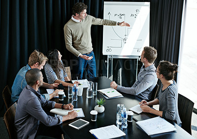 Buy stock photo Shot of a man giving a presentation on a whiteboard to colleagues sitting around a table in a boardroom