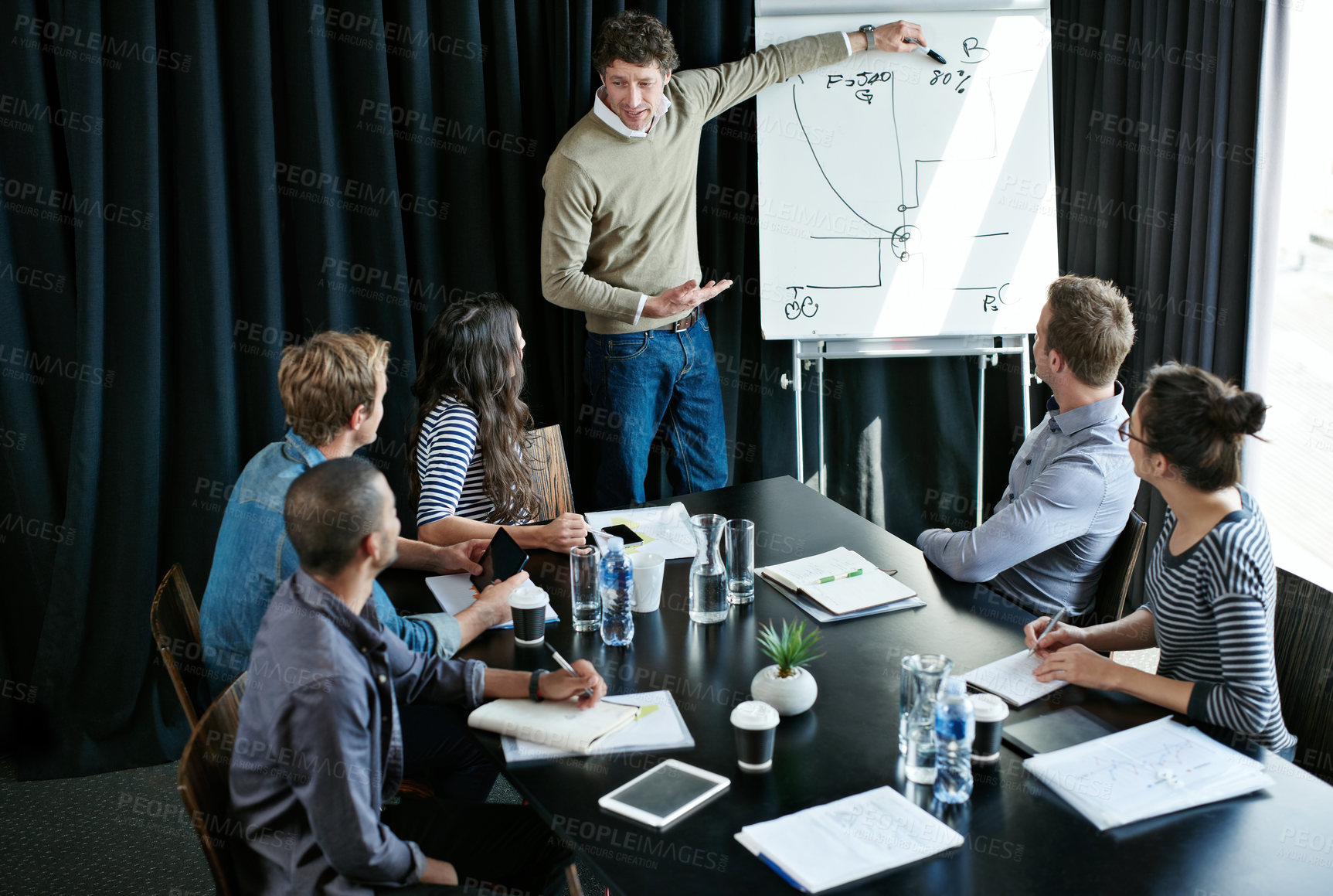Buy stock photo Shot of a man giving a presentation on a whiteboard to colleagues sitting around a table in a boardroom