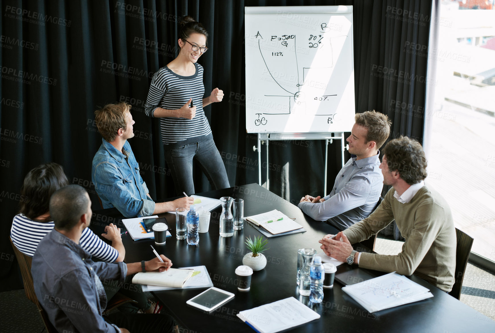 Buy stock photo Woman, presentation and colleagues in boardroom for meeting, business planning and white board demonstration. Presenter, company and goal and strategy, collaboration or professional for project