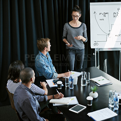 Buy stock photo Shot of a young woman giving a presentation on a whiteboard to colleagues sitting around a table in a boardroom