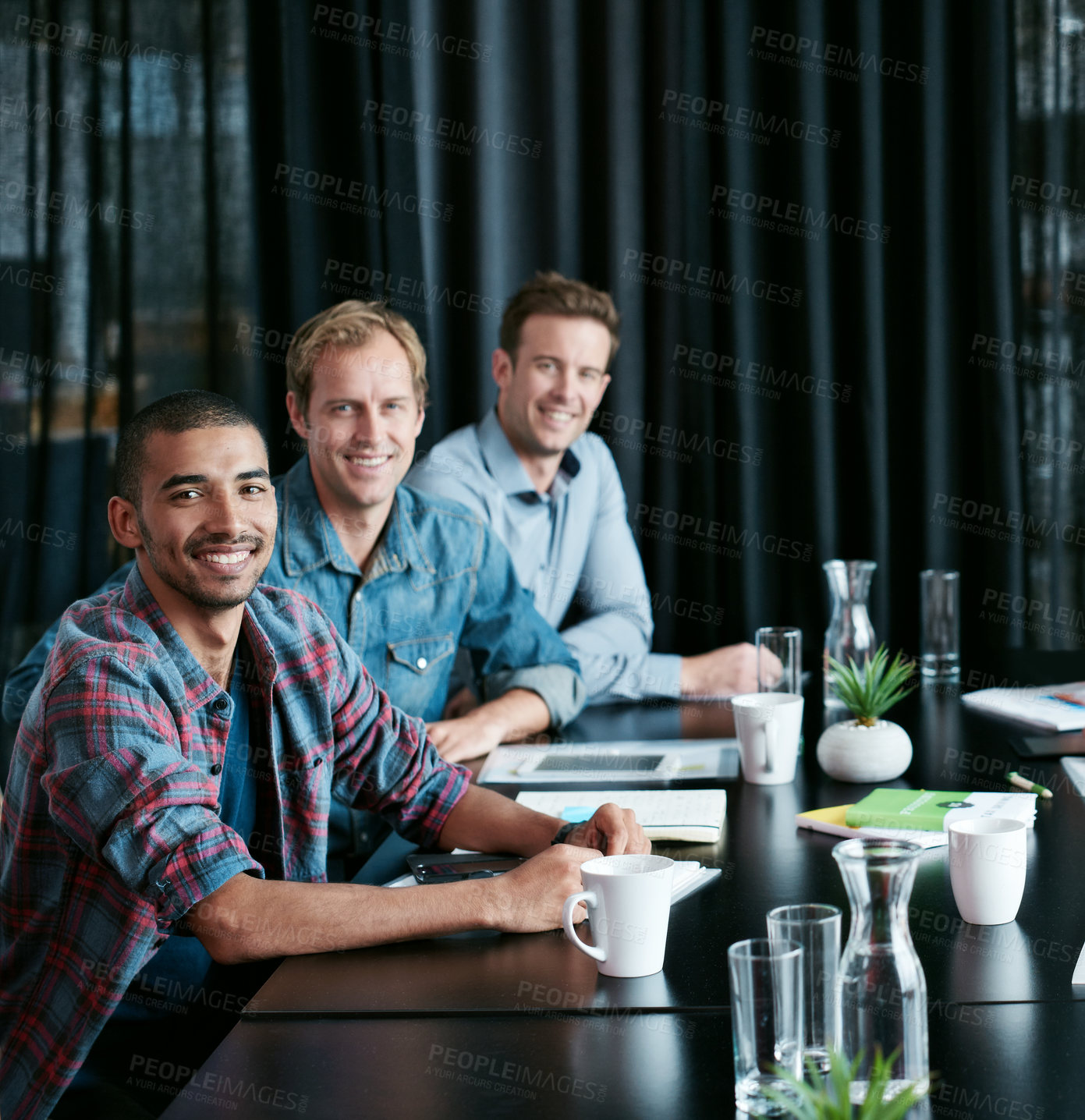 Buy stock photo Portrait, group and happy business men in meeting for coworking, about us or collaboration in startup. Face, diverse team or smile of creative staff with manager, editor or workers together in office