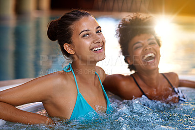 Buy stock photo Women, friends and happiness in portrait in jacuzzi at spa, self care and pamper day for wellness and healing. Water, bubbles and hot tub for detox and stress relief, friendship date and bonding