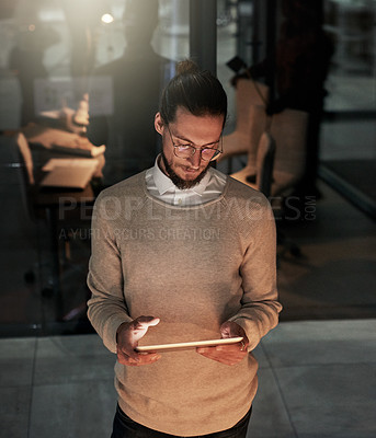Buy stock photo Tablet, office and business man at night for research, internet and social media on balcony. Technology, communication and male with digital tech for email, networking and online website in dark