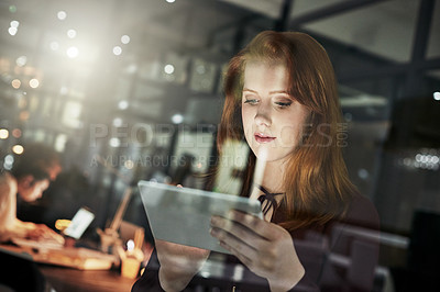 Buy stock photo Night business, woman and tablet in office for planning, research and productivity. Young female working late on digital technology for strategy data, information analysis or deadline in dark startup