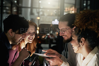 Buy stock photo Dark business, people and teamwork on tablet for planning, research and collaboration in night office. Happy diversity, digital technology and overtime in agency, group strategy and app connectivity