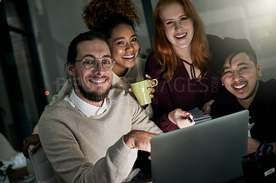 Buy stock photo Portrait, laughing and group of business people in office at night working late on project. Laptop, teamwork and collaboration of happy men, women and coworkers or funny friends in dark workplace.