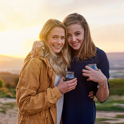 Buy stock photo Drink, portrait and women hug on outdoor holiday together for care, wellness or love in countryside. Friends, sisters and people with alcohol or smile in nature, park or vacation at sunset for memory