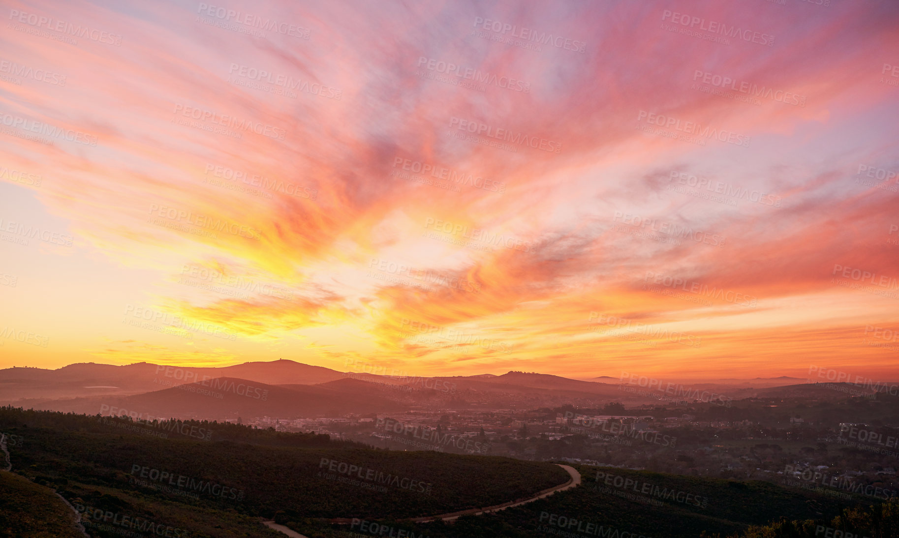 Buy stock photo Nature, sunset and mountain valley for horizon, peace and location of sustainable environment. Skyline, calm and dusk in outdoor for tourism aesthetic, travel and color in clouds for ecosystem 