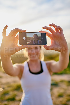 Buy stock photo Woman, phone and selfie for picture in outdoor for workout, exercise and training for fitness by running in summer. Sports, mobile and post on social media for sport goal, health or wellness 