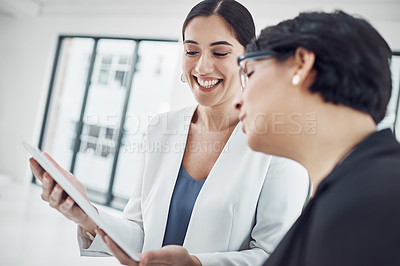 Buy stock photo Business, woman and office with tablet for meeting for planning, research and ideas with wireless technology. Professional, people and working on computer for teamwork for finance report on company