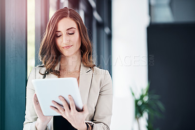 Buy stock photo Business, woman and office with tablet for meeting for planning, research and ideas with wireless technology. Professional, people and working on computer for teamwork for finance report on company
