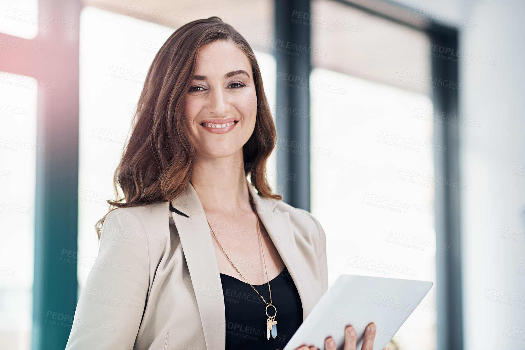 Buy stock photo Woman, office and tablet in portrait with smile in confidence for analyst job with tech. Female person, workplace and notepad in company with analytics for business with pride, digital and career