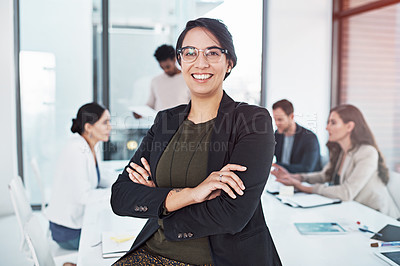 Buy stock photo Professional woman, portrait and pride at desk for leadership, motivation and startup company. Team, planning and management in workplace for career, staff and businesswoman with glasses in office.