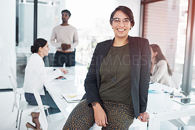 Buy stock photo Portrait, smile and woman on desk with leaning in boardroom for team, meeting and workplace. Female person, office and group in sales management for business, company or career with diversity