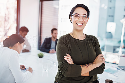 Buy stock photo Portrait, professional woman and happy at desk for leadership, motivation and startup company. Pride, planning and management in workplace for career, staff and businesswoman with glasses in office.