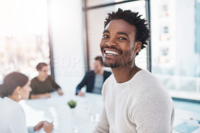 Buy stock photo African man, smile and portrait in coworking space for career meeting and creative projects in company. Male editor or professional person with colleagues for teamwork and collaboration on mockup   