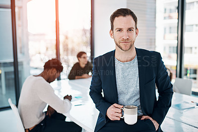 Buy stock photo Man, business and colleagues in portrait at office with coffee, manager or leader with team. Male entrepreneur and employees in workplace for meeting or strategy, collaboration or cooperation at job