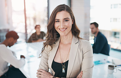 Buy stock photo Hr, woman and happy portrait in meeting with arms crossed in confidence of onboarding and hiring. Professional, recruitment and person in conference room training staff in workplace after interview