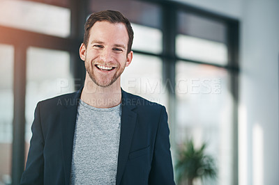 Buy stock photo Portrait, happy and professional man in office for working, entrepreneur and management for startup company. Businessman, smile and dedication in workplace for career, employee and leadership role.