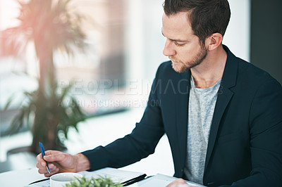Buy stock photo Businessman, writing and documents with finance in budget planning, reports or reading accounts at office. Man, accountant or employee working on paperwork for financial statistics, growth or revenue