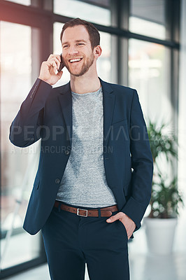 Buy stock photo Happy, businessman and laughing with phone call for communication, funny joke or comedy at office. Man or employee with smile on mobile smartphone for friendly conversation or discussion at workplace