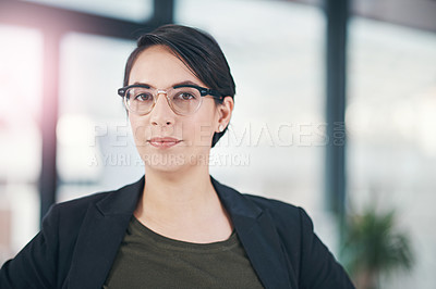 Buy stock photo Business, portrait and glasses by woman in office with confidence and pride or consulting, guide and service with lens flare. Face, consultant or broker ready with loan, insurance or property advice