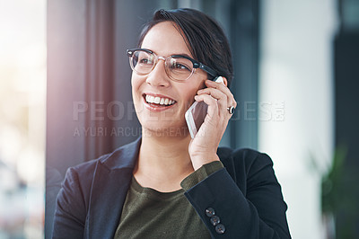 Buy stock photo Happy woman, business and laughing with phone call for friendly discussion by window at office. Female person or employee with smile on mobile smartphone for funny conversation or humor at workplace