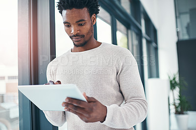 Buy stock photo African man, tablet and office for career, online information and digital project for internet research. Creative male editor or professional person with checklist on tech for web proposal for job   