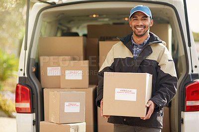 Buy stock photo Shipping, delivery and box with portrait of man by van for courier, logistics and supplier. Ecommerce, export and distribution with male postman in vehicle for mail, package and cargo shipment