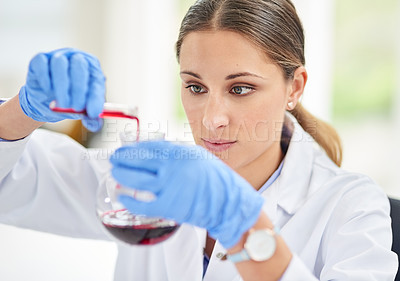 Buy stock photo Scientist, woman and experiment in laboratory for innovation, medicine and test in clinic. Investigation, chemistry and physics in hospital for healthcare, research and pharmaceutical career 