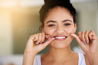 Buy stock photo Smile, dental floss and portrait of woman with cleaning teeth for morning mouth routine in bathroom. Happy, dentistry and face of female person with oral care thread for hygiene treatment at home.
