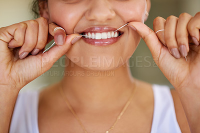 Buy stock photo Smile, dental floss and mouth of woman with cleaning teeth for morning routine with health. Happy, dentistry and closeup of person with oral care product for hygiene treatment to prevent cavity.