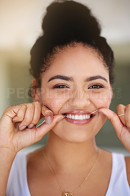Buy stock photo Smile, floss and portrait of woman with cleaning teeth routine for morning dental health for gums. Happy, dentistry and female person with oral care product for hygiene treatment to prevent cavity.