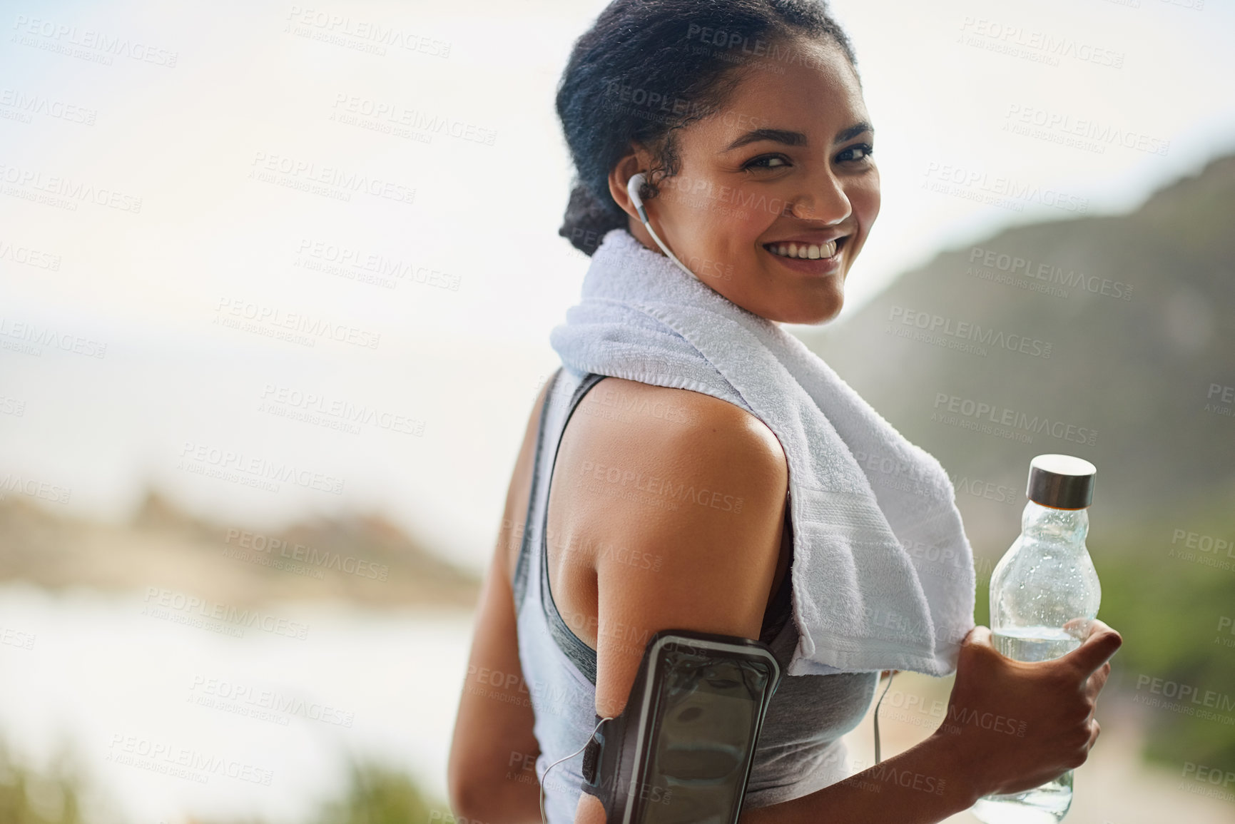 Buy stock photo Portrait of a sporty young woman out for a run